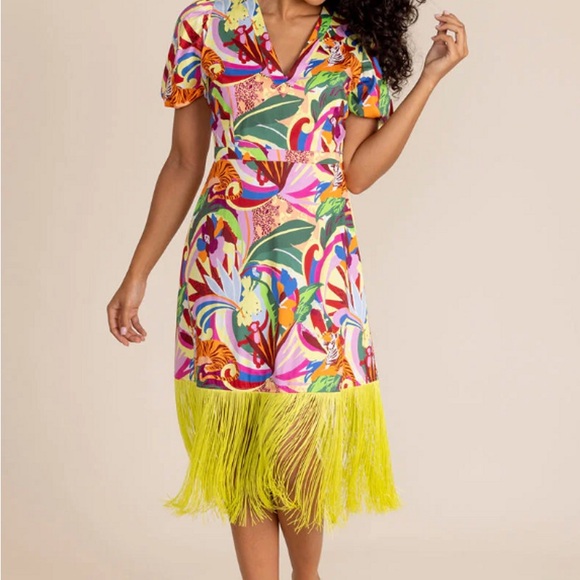 Alden Adair Dresses & Skirts - NWT Alden Adair Womens Louisa Rainforest Balloon Sleeve Midi Fringe Dress Sz XS‎